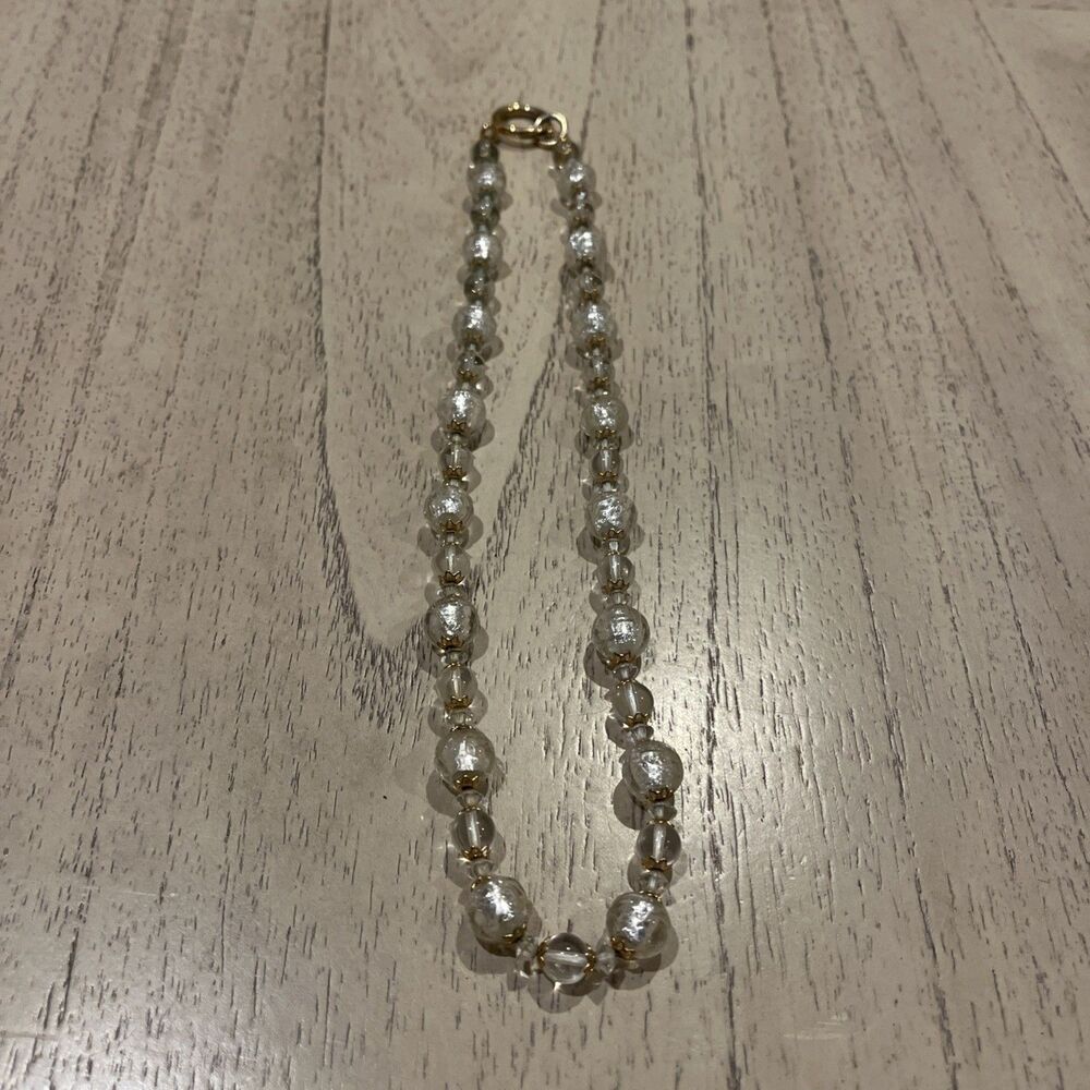 Round Clear Glass Beaded Necklace with Spring Ring Clasp, Gold Metal 20”L